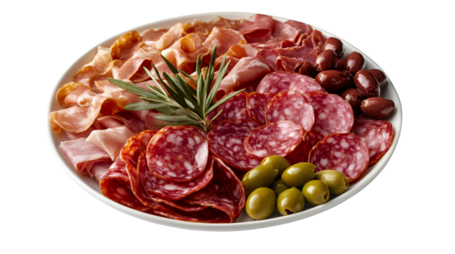 Salami slices, ham, green and black olives with rosemary garnish arranged on white ceramic plate against transparent backdrop