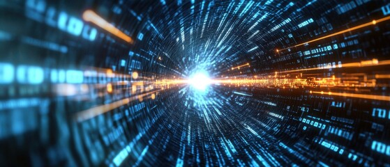 Fototapeta premium Digital data stream tunnel with binary code and glowing light, concept of big data, artificial intelligence, and technology innovation