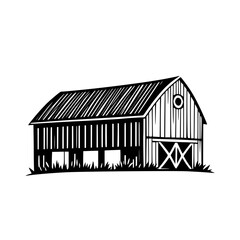 Black and White Barn Illustration: Rural, rustic scene with barn structure, in a simplified, graphic style. © MatandSterre