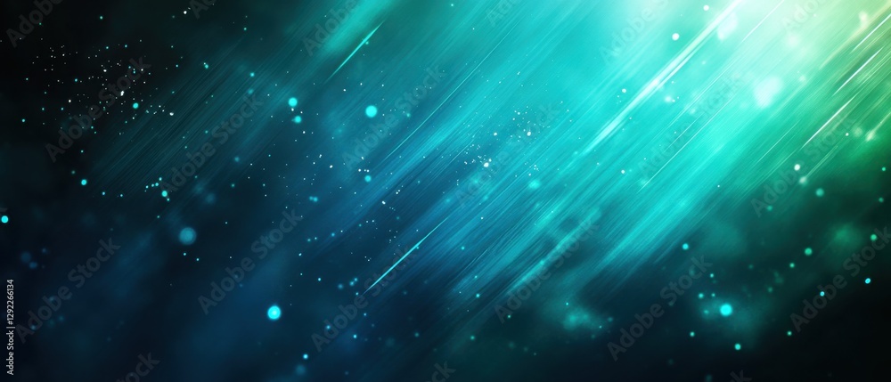 Poster abstract teal and green light streaks with bokeh effect, creating a dynamic and ethereal background 