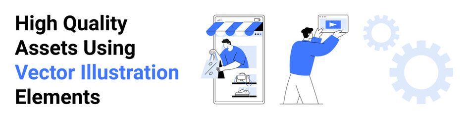 E-commerce storefront on mobile screen, person uploading media content, and abstract gear visuals. Ideal for tech, business, online marketing, innovation, apps, digital content flat landing page