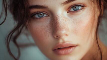 Fototapeta premium Close up portrait of a woman with perfect skin and captivating blue eyes in soft natural light. Generative AI
