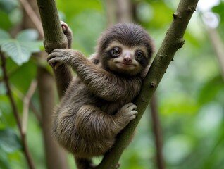 Naklejka premium Cute sloth clinging to a branch in the rainforest, surrounded by lush green foliage on a sunny day