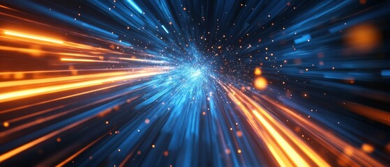 Fototapeta premium Abstract blue and orange light streaks with bokeh effect, representing high speed data transfer, technology innovation, and futuristic energy