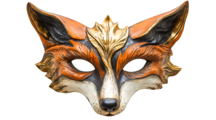 Orange, black and white fox mask isolated on transparent background, perfect for carnival and parties
