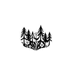 Fototapeta premium Black and White Stylized Illustration of Pine Forest and Wildflowers