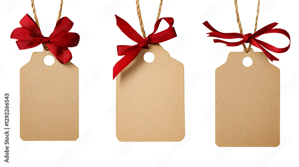 Poster hanging blank cardboard gift tags with red ribbons are ready for customization on a transparent back