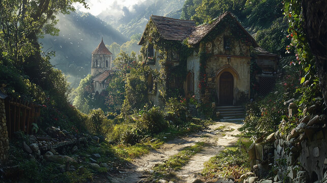 Enchanting stone cottage covered in ivy with a church tower in a lush green valley, bathed in warm sunlight and misty air