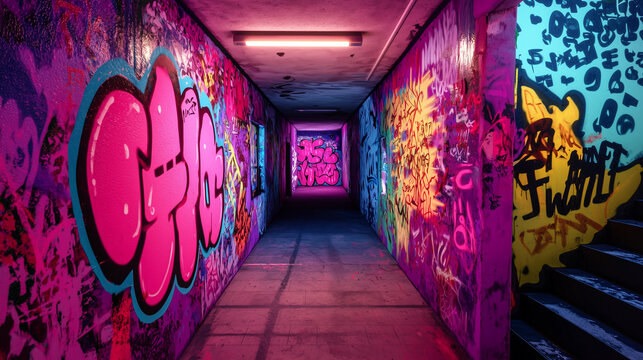 Vibrant urban alleyway covered in colorful graffiti art, illuminated by neon lights, creating a moody and artistic atmosphere