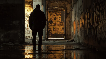 A mysterious hooded figure stands in a dark, abandoned building with graffiti-covered walls and a glowing doorway in the background
