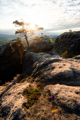 Sonnenuntergang am Lehnsteig Sandstein Berg im Nationalpark Sächsische Schweiz in Sachsen...