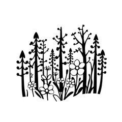 Stylized depiction of a forest with stylized trees, trees, flowers, and grass. The composition is black and white.