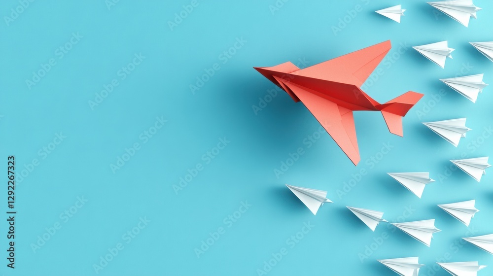 Aufkleber red and white airplane leading smaller paper planes in a vibrant blue sky showcasing guidance and te