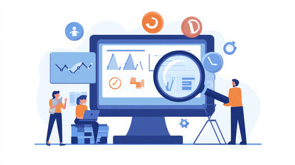 Keyword research banner template. Contemporary vector illustration of female lab workers studying keys in bubbles, using magnifying glass, search engine on futuristic computer. SEO optimization