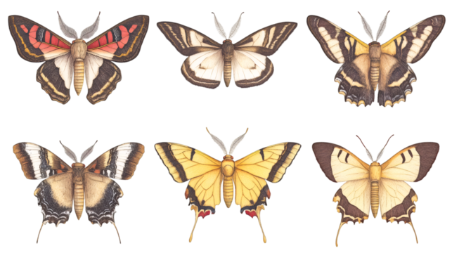 Watercolor painting depicting multicolored butterflies and moths with delicately spreading wings, floating against transparent surface