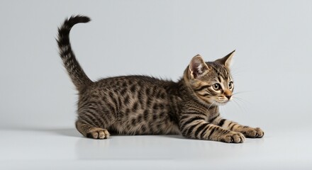 Obraz premium Playful tabby kitten stretching on a clean white surface full of curiosity and energy