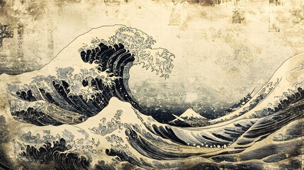 A Japanese great wave sea Japan engraved art design in a vintage woodcut intaglio style
