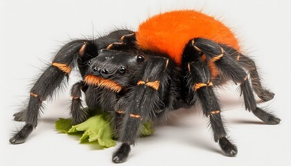 Orange-black spider eating greens, studio shot