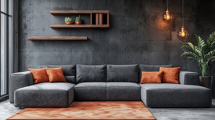 Modern industrial living room with sectional sofa, shelves, and plants.