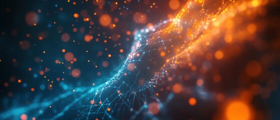 Obraz premium Abstract data stream with glowing nodes and connections in blue and orange, representing digital network, technology background, and futuristic communication