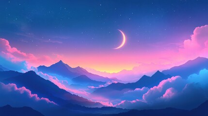 A celestial scene with a crescent moon shining over misty mountains, while glowing clouds hover in the night sky.