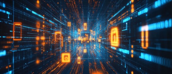 Abstract digital data stream with glowing orange squares and blue lines, representing futuristic technology and artificial intelligence Concept of cyberspace, big data, and network