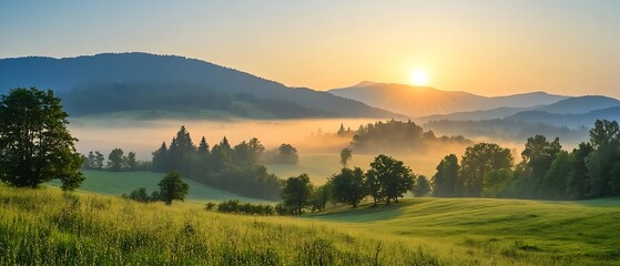 Fototapeta premium A natural summer landscape in Slovakia featuring a mountain valley at sunrise.