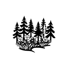 Obraz premium Forest, Tree, Flower, Silhouette, Black and White, Nature, Fir Trees, Meadow, Flowerbed, Nature, Flower Silhouette, Pine Trees, Nature,