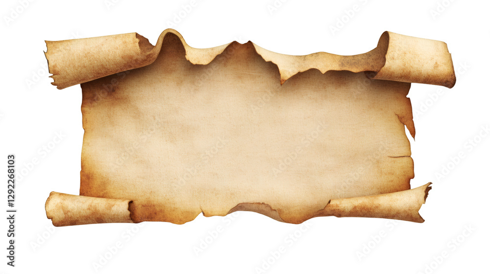 Aufkleber Ancient blank horizontal rolled scroll with burnt edges on transparent background, ideal for displaying messages