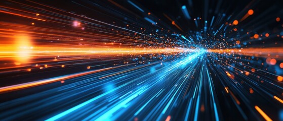 Obraz premium Abstract blue and orange light streaks with bokeh effect, representing high speed data transfer and futuristic technology