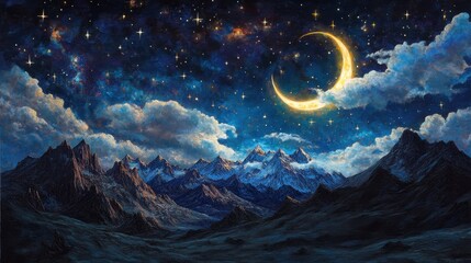 A mesmerizing nightscape where rugged peaks meet a sky painted with a radiant crescent moon and drifting luminous clouds.