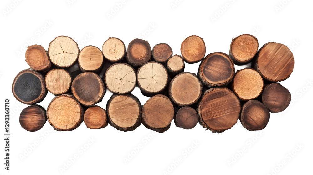 Poster short pieces of wood logs forming a horizontal banner isolated on transparent background, ideal for 
