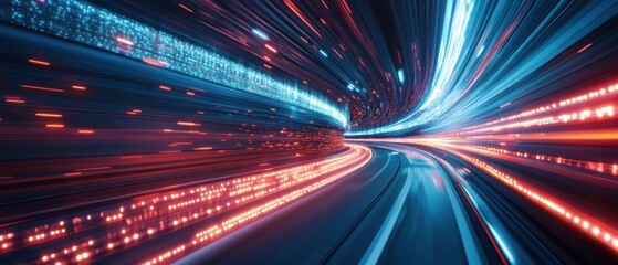 Abstract blue and red light streaks in a futuristic tunnel, representing high speed data transfer and digital network technology Concept of innovation, connectivity, and cyberspace