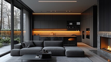 Modern dark gray living room and kitchen with fireplace and patio view.