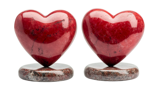 Polished red stone hearts perched on marble pedestals, symbolizing balanced love against clean transparent backdrop