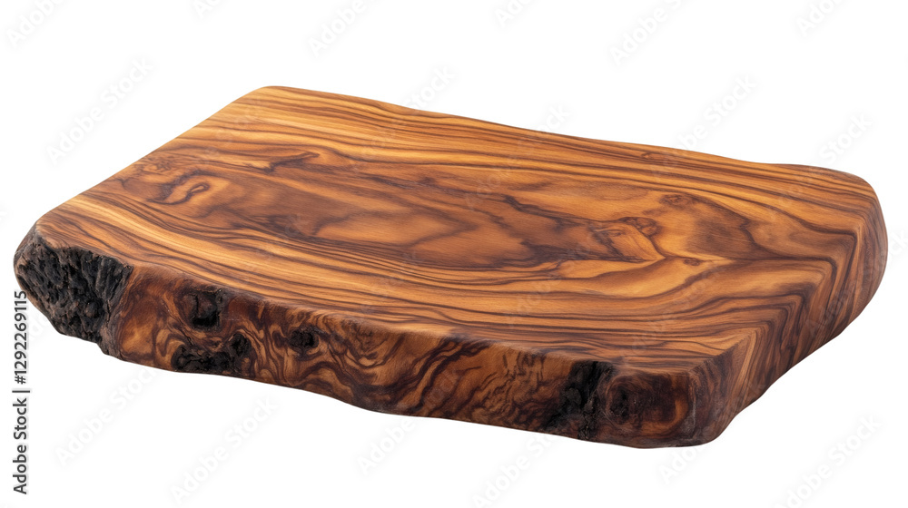 Poster empty olive wood cutting board with natural texture and live edge, isolated on transparent backgroun