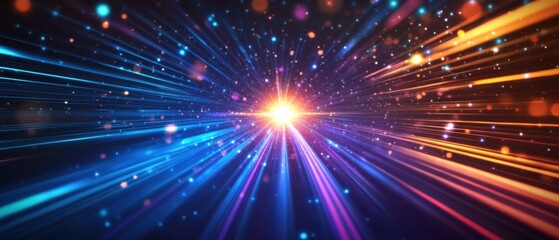 Obraz premium Abstract light speed background with colorful glowing lines and bokeh, concept of data stream, technology, and futuristic travel