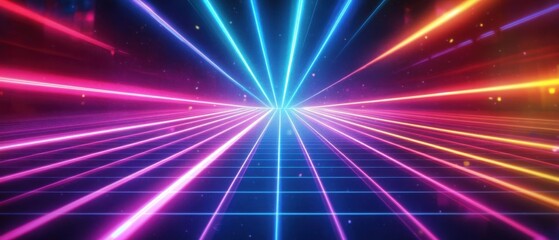 Fototapeta premium Retro neon grid landscape with glowing laser beams, abstract perspective background in vibrant pink, blue, and yellow colors for futuristic technology and synthwave concept
