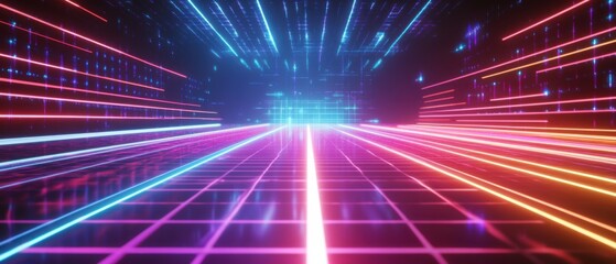 Obraz premium Abstract neon grid with glowing lines in a futuristic cyberspace, representing digital technology, virtual reality, and retro wave aesthetics