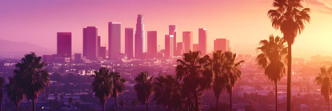 Los Angeles Skyline at Sunset: A Panoramic View of Cityscapes and Palms