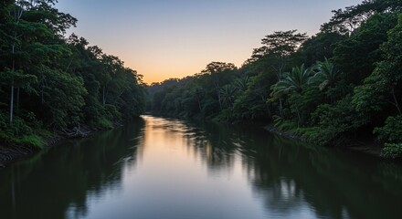 Fototapeta premium Sunset over tranquil river reflecting lush green rainforest foliage
