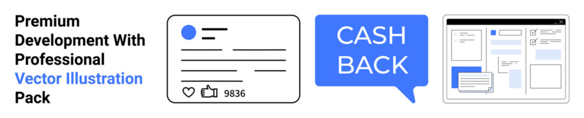 Social media post metrics, cashback speech bubble, and webpage layout design. Ideal for marketing, e-commerce, branding, user engagement, online shopping, UIUX flat landing page banner