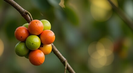 Vibrant cluster of round fruits in various colors including orange, green, and yellow hanging on a tree branch with a blurred lush background creating a serene tropical atmosphere