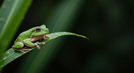 Obraz premium Green frog perched on a vibrant green leaf glistening with water droplets, evoking a serene and peaceful atmosphere against a dark rainforest backdrop
