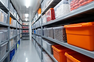 Obraz premium Organized storage containers, warehouse aisle, shelves, products