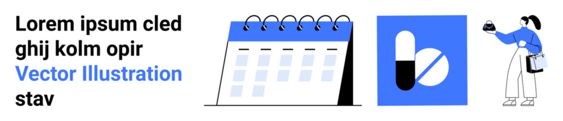 Calendar highlights appointments, medication capsule emphasizes healthcare, woman holds prescription bag. Ideal for healthcare, scheduling, pharmacy, patient care, medical planning, reminders flat