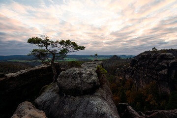 Sonnenuntergang am Lehnsteig Sandstein Berg im Nationalpark Sächsische Schweiz in Sachsen...