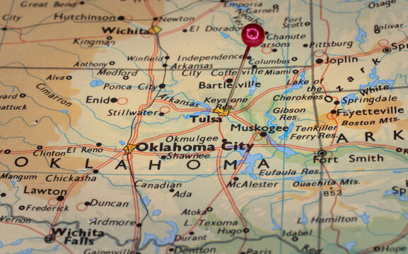 Colorful tourist raod map Tulsa, Oklahoma, US, U.S.A, United State showing rail lines and population density