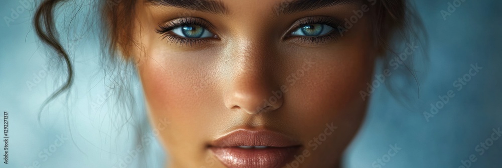 Aufkleber close up portrait of a woman with stunning features and flawless skin in soft lighting at a serene l