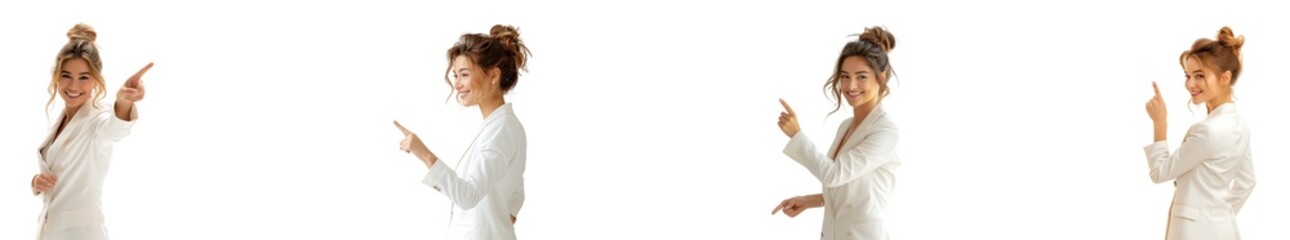 woman in white suit with bun hair on transparent background collection set